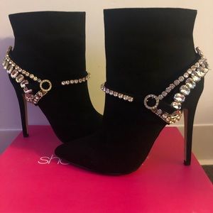Black suede bootie with embellishment